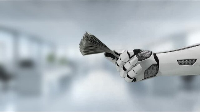A sleek robotic hand holding a stack of cash symbolizes the intersection of technology and finance, representing the future of transactions in a modern workspace. MZL