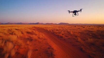 High-tech drone inspecting pipeline in vast Australian Outback, minimalist desert landscape for industrial and environmental themes.