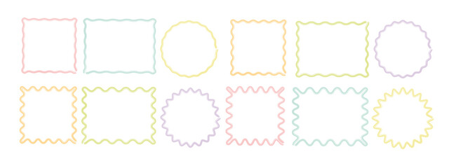 Wavy Edges Square Rectangle Circle Shapes Set,  Squiggly Edges, Jagged Geometric Borders, Frames Labels  Badges Stickers Collection, decorative elements Vector illustration