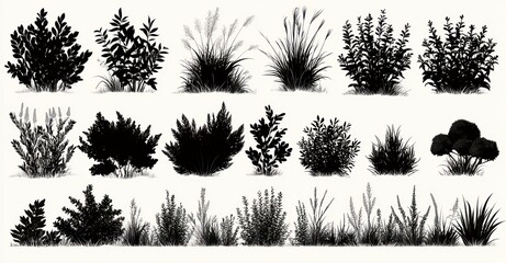 silhouettes of various grass and shrub plants arranged in three rows showing different shapes and densities against a light background