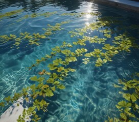 Sun-dappled pool surface with submerged plant footprint patterns and clear reflections ,  dappled,  natural