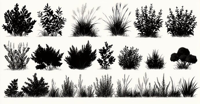 silhouettes of various grass and shrub plants arranged in three rows showing different shapes and densities against a light background