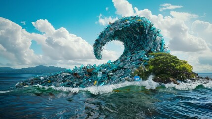 A massive wave made of plastic waste crashing down onto a small island, visually representing the overwhelming impact of ocean pollution and human negligence