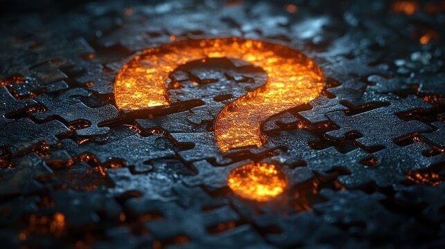 glowing orange question mark made of molten material embedded in dark puzzle pieces symbolizing mystery and inquiry