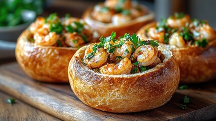 Close-up of toasted bread bowls filled with seasoned shrimp and garnished with fresh herbs on a wooden serving board