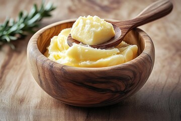 thick creamy butter scooped with a wooden spoon in a rustic wooden bowl on a wooden surface with a sprig of rosemary in the background
