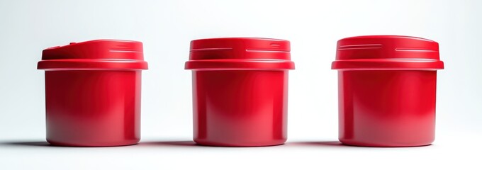 Three glossy red plastic containers with lids arranged in a row on a white background, showcasing a clean and minimalist design