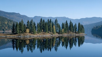 Obraz premium Serene island reflected in a tranquil lake.