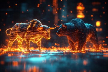 A glowing digital bull figure faces a realistic bullish animal model with fiery embers in a futuristic dark setting, symbolizing tension and confrontation