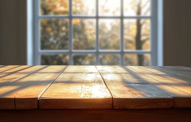 sunlight casting warm shadows on rustic wooden table near a window with blurred autumn trees outside