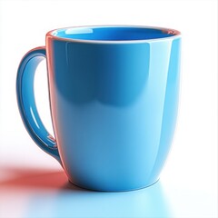 Glossy blue ceramic coffee mug with smooth curved handle on white surface with soft lighting and reflections