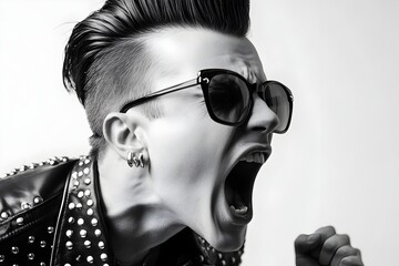 Rocker boy wearing goggles, half profile black and white
