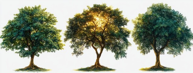 Three mature trees with full green foliage standing side by side against a bright white background, sunlight glowing through the center tree's branches creating a warm and peaceful atmosphere