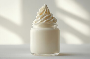 A clear glass jar filled with creamy white substance topped with smooth swirled whipped cream against a softly lit neutral background