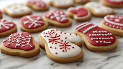A Christmas cookie collection spread out on a marble countertop, with cookies shaped like mittens, bells, and holly leaves, each one delicately iced and sprinkled with sugar.
