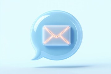 3d blue speech bubble with glowing envelope icon floating on light background representing digital communication