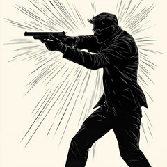 Silhouette of a man aiming a handgun with dynamic radiating lines suggesting action and intensity