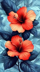 Two vibrant orange hibiscus flowers with detailed petals and stamens surrounded by dark blue-green leaves on a light blue leafy background