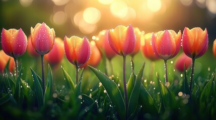 Close-up of dew-covered orange tulips in a green field with warm golden sunlight background creating a peaceful and refreshing morning atmosphere