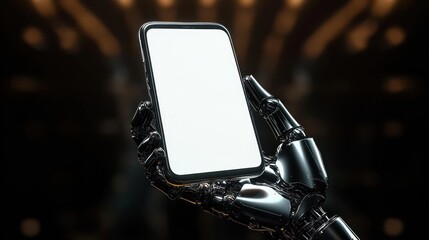 Shiny black robotic hand holding a smartphone with a blank white screen against a dark blurred background