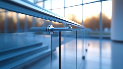 Close-up of a modern glass railing with metal handrail inside a bright spacious building with large windows and soft natural light