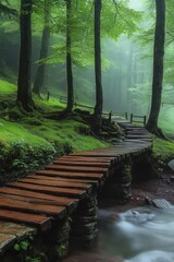 A serene forest scene featuring a wooden plank path over a flowing stream surrounded by lush green moss and tall trees enveloped in mist