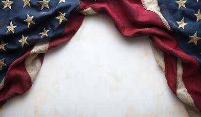 Folded and draped vintage fabric with stars and stripes creating patriotic frame on textured white background