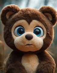 Close-up of a plush brown teddy bear with large blue eyes and a serious expression in an outdoor setting with blurred background