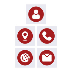 Contact icon set design. Vector icons pack design for web, UI, business card. Minimal contact icons sheet, including person, location or address, mail, call or phone, and website icons in red color.