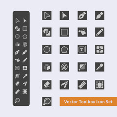 Vector toolbox icon set. Toolbox icons pack design for web, app, software. Dark UI toolbar icon sheet, containing multiple tools.