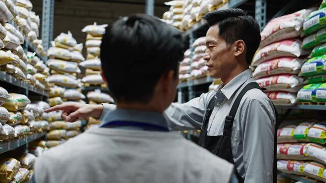 Supervisor guiding employee in warehouse filled with cement bags