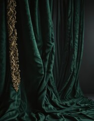 Luxurious dark green velvet, intricate textural depth, extravagant drape , folds, soft