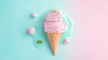 Strawberry Ice Cream on a blue pink background
