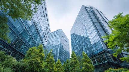 Obraz premium Green Urban Landscape with Contemporary Glass Office Buildings