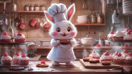 Fototapeta premium Adorable Chef Bunny Baking Delicious Cupcakes in Cozy Kitchen