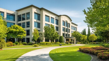 Corporate Headquarters in Suburban Area Surrounded by Greenery