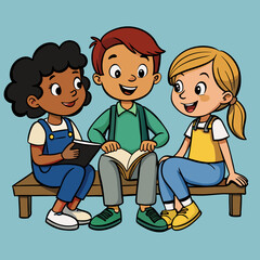 roundup of three children sitting and talking to each other in carton stayle 