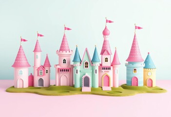 Fototapeta premium Five pastel fairy castles on a flat, empty background, ample copy space, fairytale, space