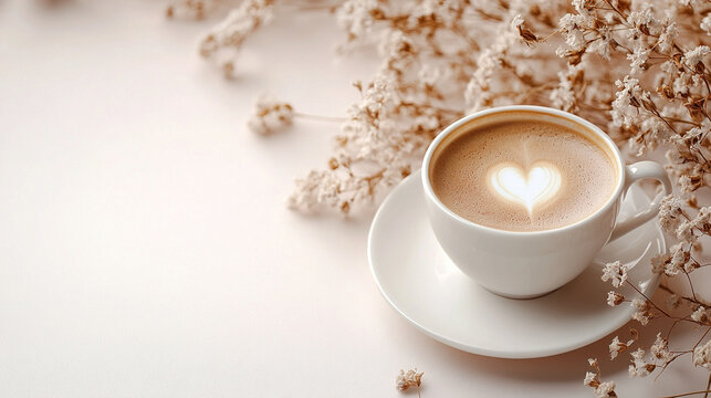 Flatlay of cozy beige coffee cup with dried flowers on white background. Warm, neutral tones create a calming, minimalistic lifestyle and decor vibe.