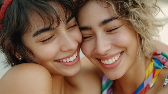 A non-binary person and a transgender woman embracing each other with genuine smiles, captured in a close-up shot. 