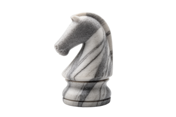 Marble chess knight on black background: detailed sculpture of strategic game piece, cut out