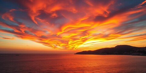 Fototapeta premium Fiery sunset paints Mallorca's coastline, dramatic sky, calm sea, ocean, colors
