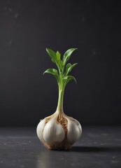 Tiny garlic sprout pushing through its bulb, vibrant green ,  root,  detail