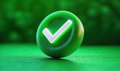 Green circular button with glowing white checkmark symbol standing on textured green surface conveying confirmation or success