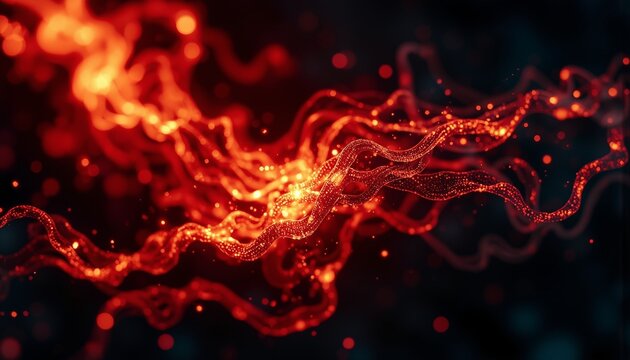 Abstract Crimson And Gold Filament Swirls, Digital Energy, Velvety Texture, Dramatic Lighting