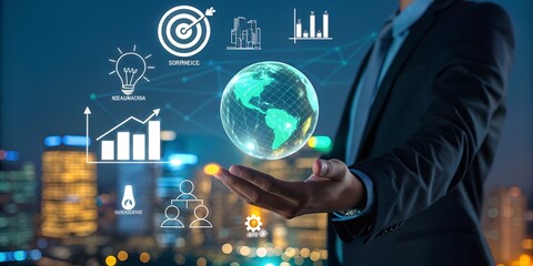 Man’s Hand with Holographic Globe and Icons for Planning Strategy and Global Business Technology
