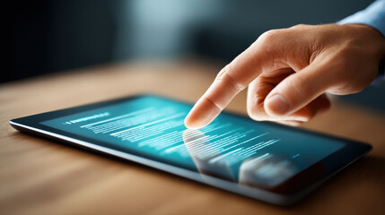 Close up of person hand using digital tablet with glowing screen browsing or reading information modern indoor setting focused and engaging activity technology communication digital device