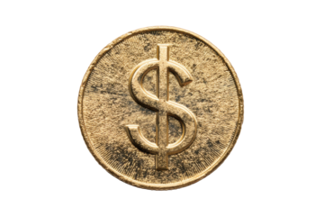 Close-up of gold coin with embossed dollar symbol on black background, cut out