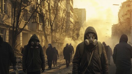 A street filled with people wearing gas masks, their faces hidden, walking past dead trees and crumbling buildings, emphasizing the consequences of unchecked pollution 