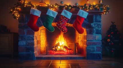 Cozy fireplace illuminates the Christmas stockings hanging above it, their bright colors enhanced by the soft glow of the fire.